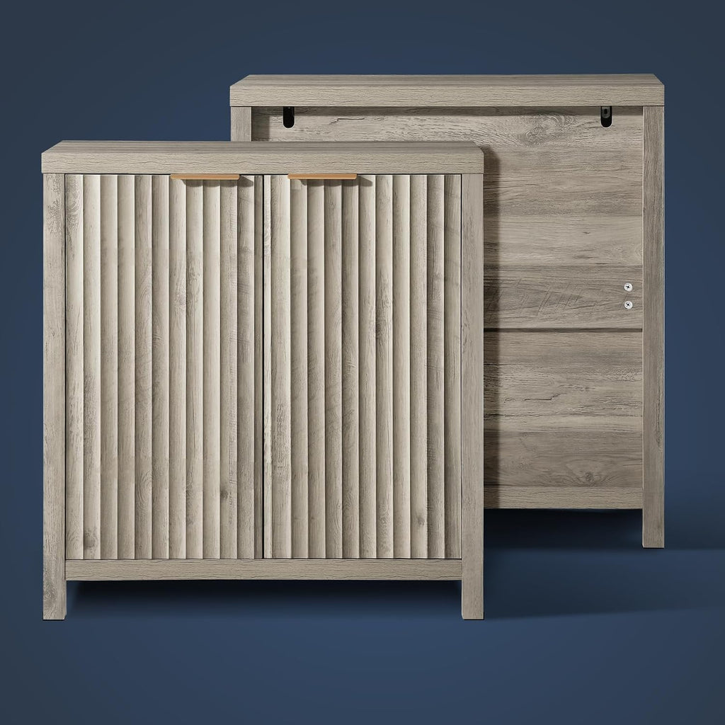 OAKHAM HOME Fluted Cabinet, Modern Sideboard Buffet Cabinet with Storage Credenza with Doors & Shelves Media Console Accent for Entryway Hallway Dining Room Living Room (Grey Oak)