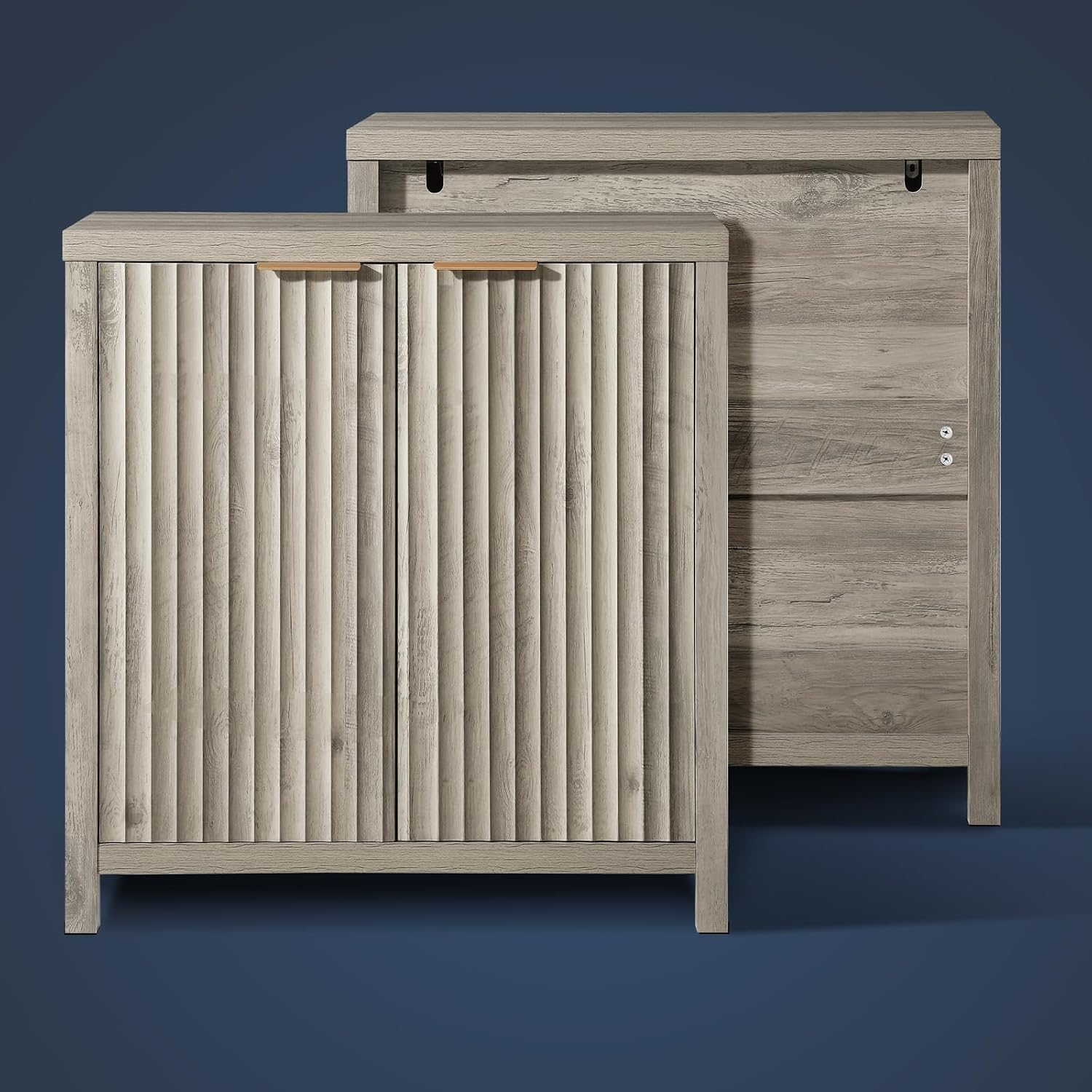 OAKHAM HOME Fluted Cabinet, Modern Sideboard Buffet Cabinet with Storage Credenza with Doors & Shelves Media Console Accent for Entryway Hallway Dining Room Living Room (Grey Oak)