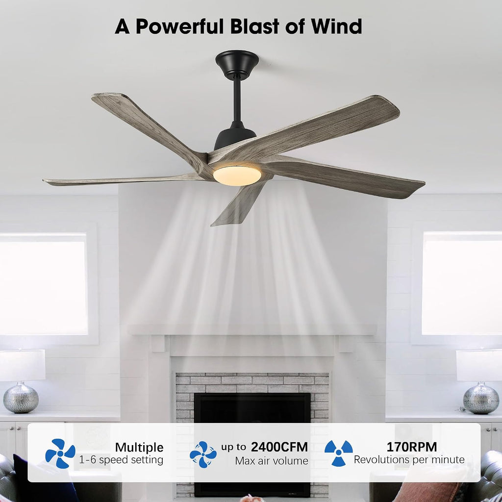 60' Solid Wood Ceiling Fan with Lights, Remote and APP Control, 3-color Dimmable LED, 6-speed Reversible, Modern Ceiling Fans for Bedroom, Living Room, Outdoor/Indoor, Greywood