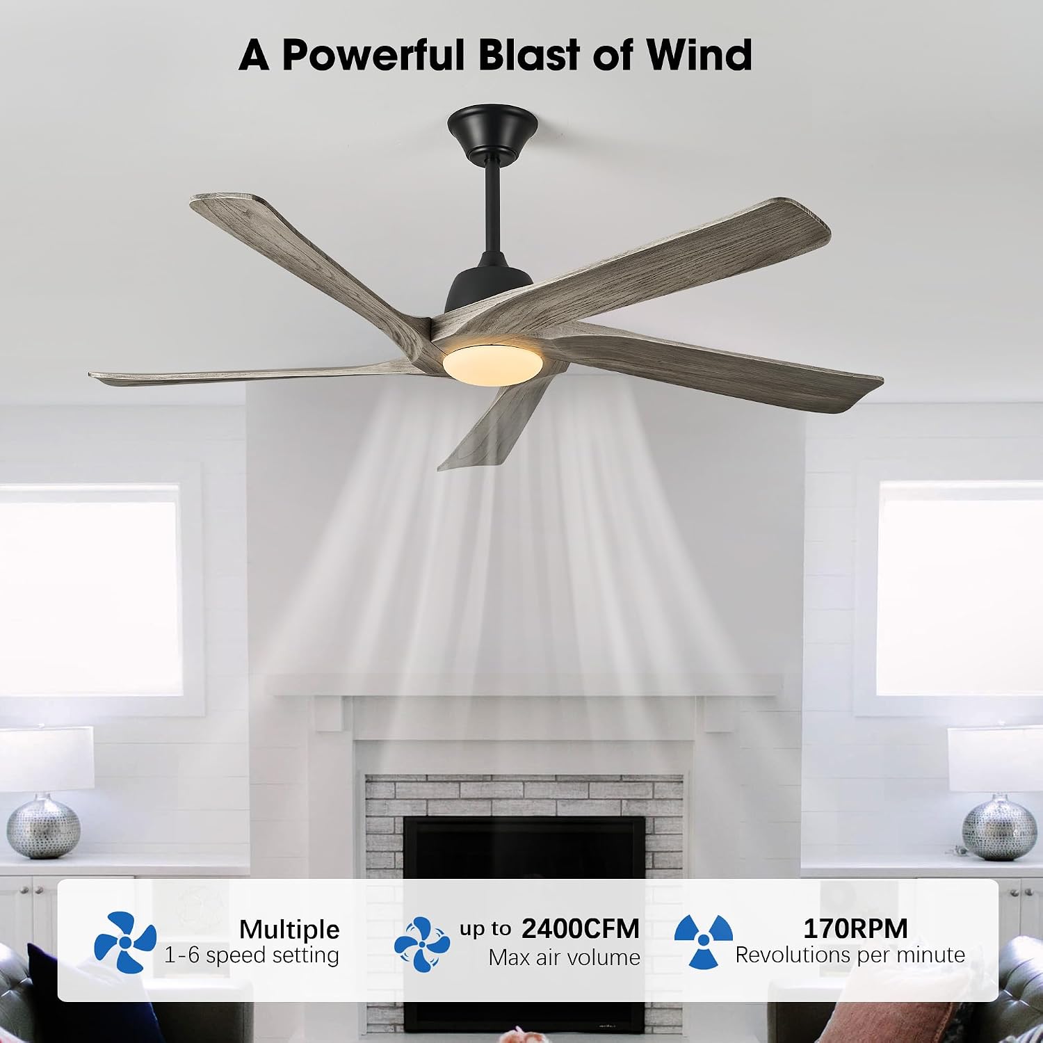 60' Solid Wood Ceiling Fan with Lights, Remote and APP Control, 3-color Dimmable LED, 6-speed Reversible, Modern Ceiling Fans for Bedroom, Living Room, Outdoor/Indoor, Greywood