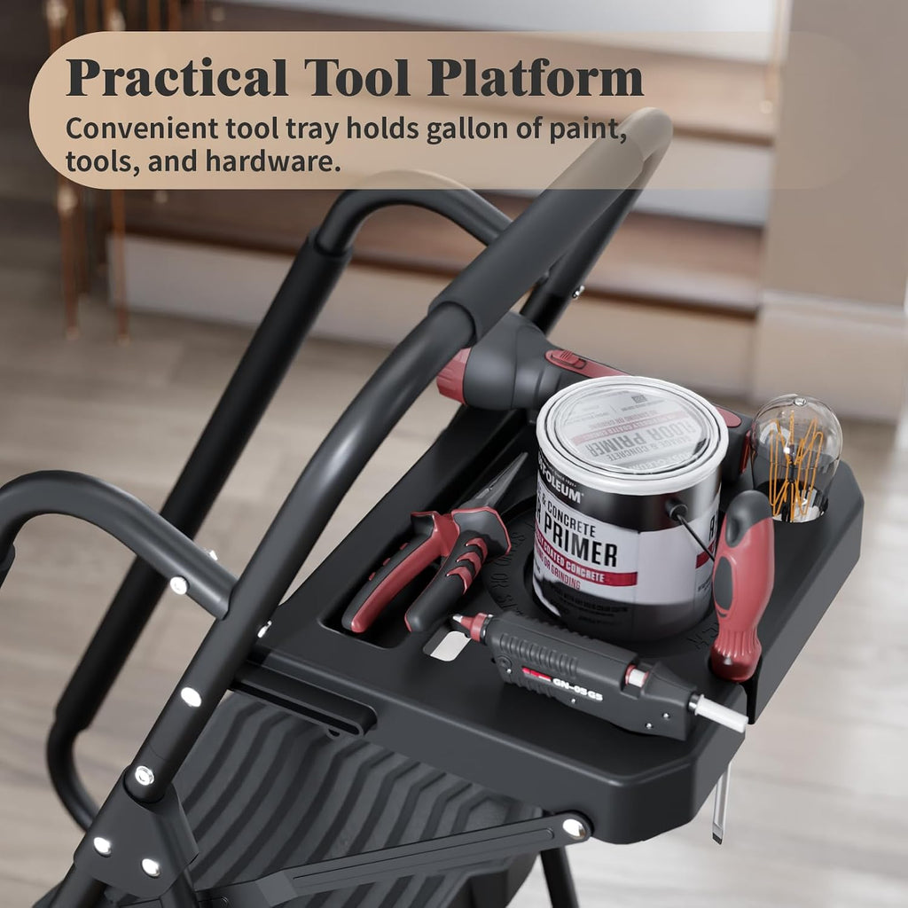 KINGRACK 5 Step Ladder with Tool Platform, 900 lbs Sturdy Step Stool with Handrail, Folding Steel Ladder with Wide Pedal, Safety Ladder for Adults Home Outdoor Painting Garage Office