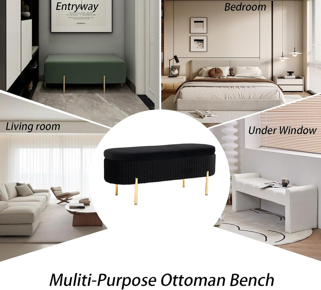 Velvet Storage Bench for Bedroom Upholstered End of Bed Bench Modern Ottoman with Gold Legs for Living Room/Window/Entryway (Black, Oval-45.5' W)