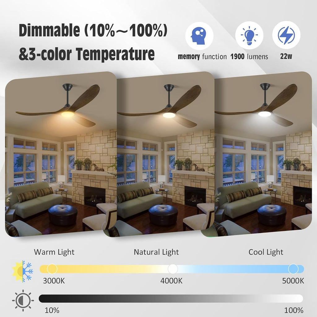 52 Inch Outdoor Ceiling Fan with Light, Smart Ceiling Fan with Alexa/Google Assistant/APP/Remote Control, High CFM Quiet 3 Blade Wood Walnut Fan, Damp Rated for Patios Bedroom Farmhouse Living Room