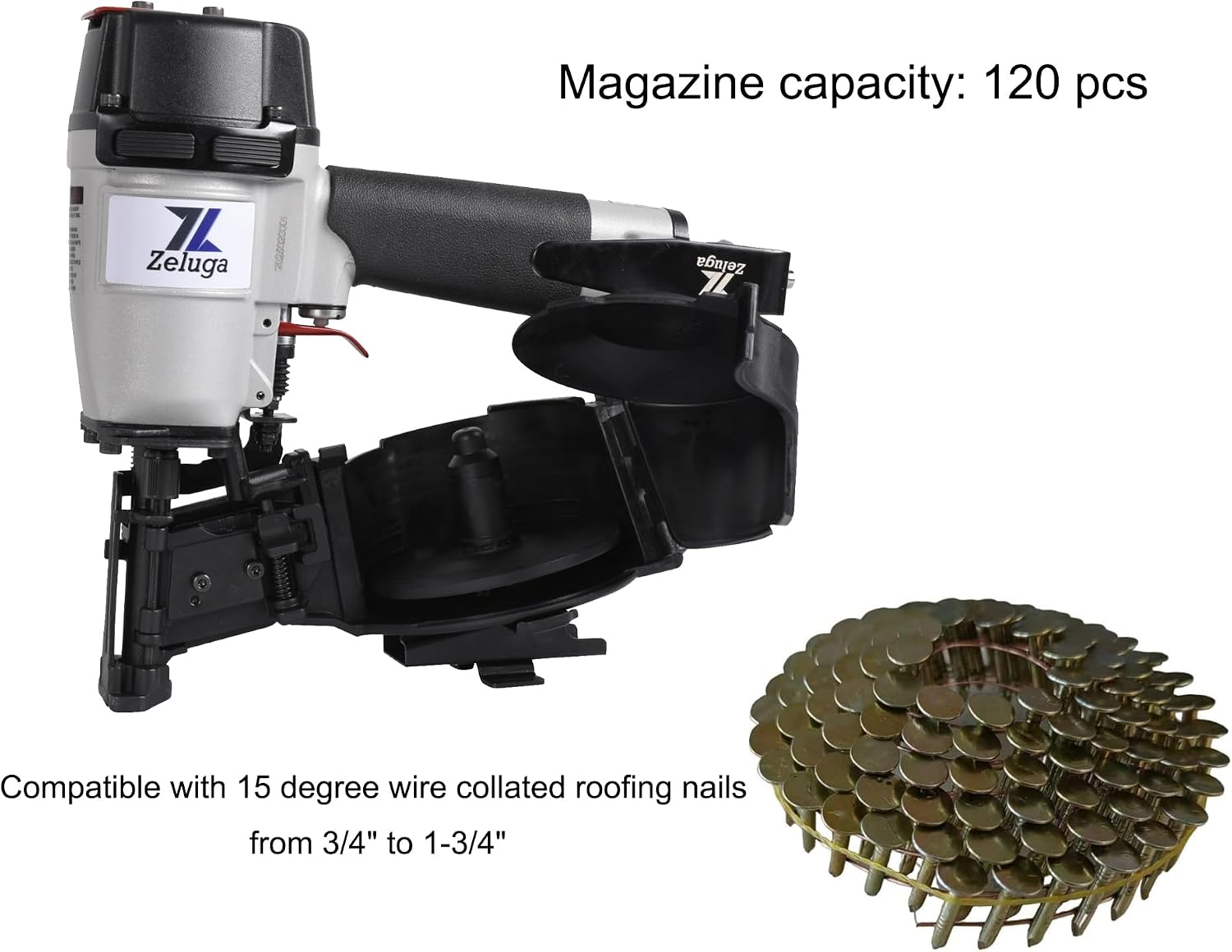 Zeluga 28-145 Pneumatic 15 Degree Coil Roofing Nailer with 120 PCS Load Capacity Coil Nailer Kit with Eye Protection and Repair Kit