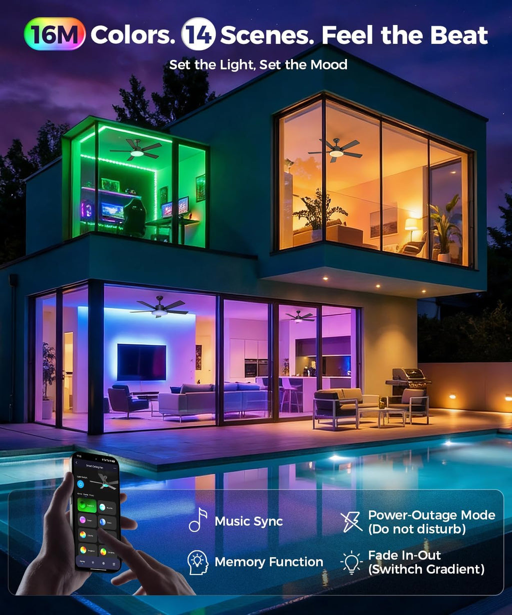 CINOTON 26W LED Wall Pack Light with Dusk to Dawn Sensor and 52' Smart Ceiling Fanwith Light and Remote, Alexa/Google/App Control, 6 Speeds & 2 Fan Modes, Reversible DC Motor