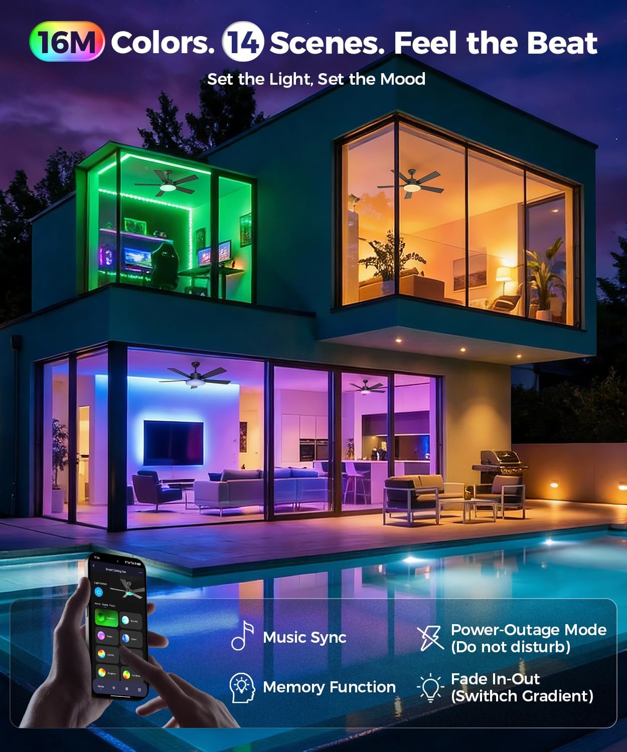 CINOTON 26W LED Wall Pack Light with Dusk to Dawn Sensor and 52' Smart Ceiling Fanwith Light and Remote, Alexa/Google/App Control, 6 Speeds & 2 Fan Modes, Reversible DC Motor
