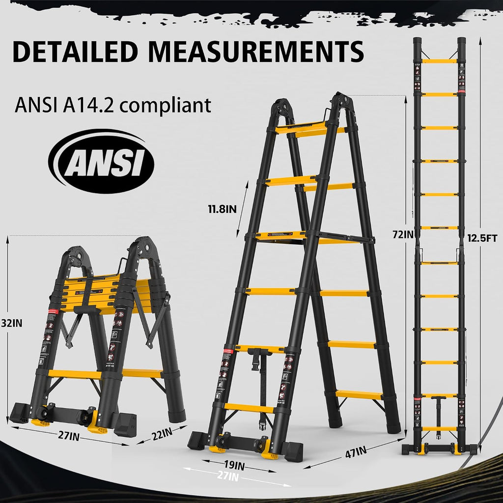 SINMEIRUN 12.5 FT Telescoping A Frame Ladder, 6 Step, Heavy Duty, 330lbs Max Capacity, Aluminum Extension Ladder for Home, Roof, RV; Yellow