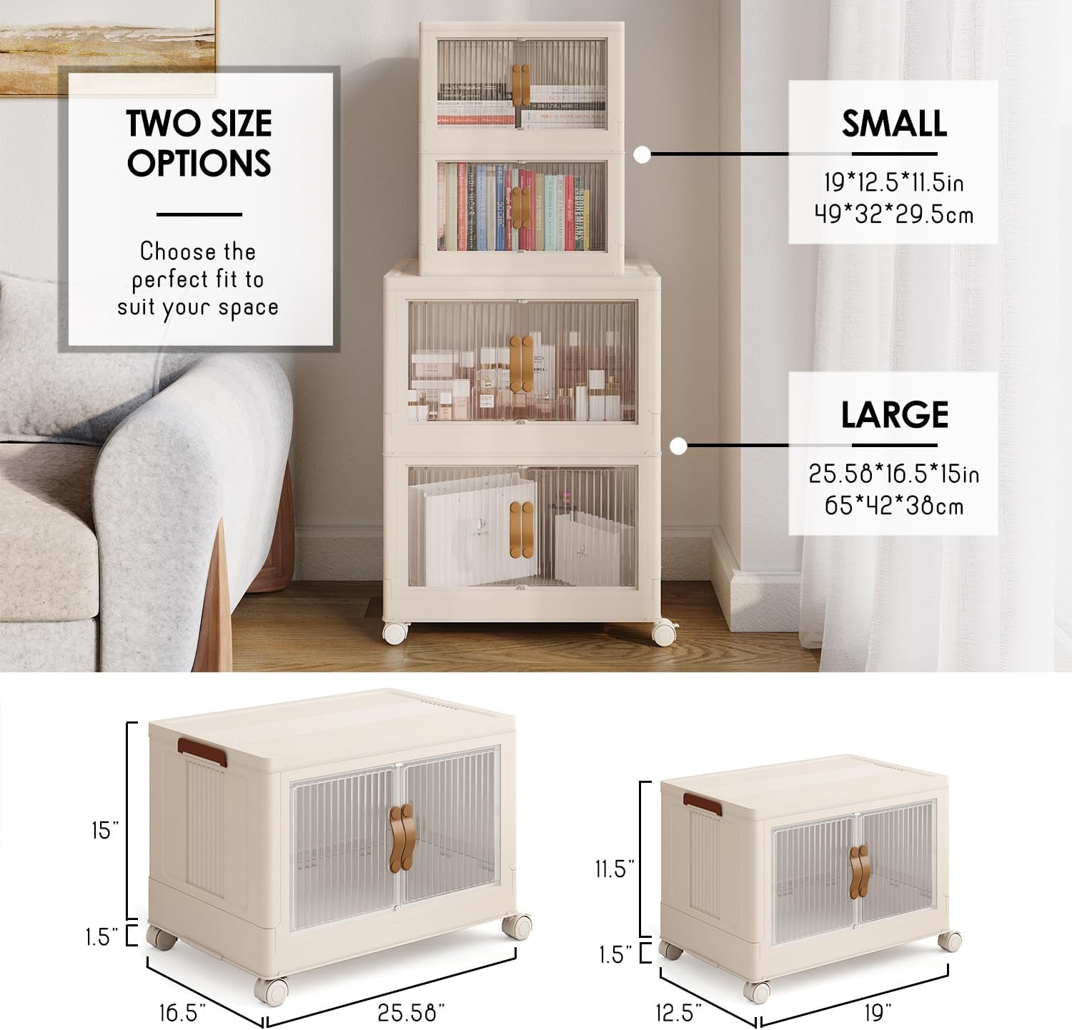 4 Tier Large Stackable Storage Bins with Lids Open Front & 360° Wheels 84.5 QT - Collapsible Storage Bins Home Office Closet Storage Organization, Foldable Clothes Storage Cabinet, 21 GAL