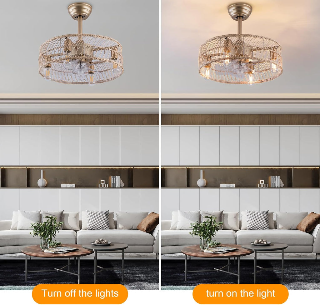 OUKANING Bamboo Art Caged Ceiling Fan with Light, Fandelier with Remote Control & Noiseless 35db - Farmhouse Rustic Bladeless Ceiling Fans Chandelier Retro Lighting Fixture
