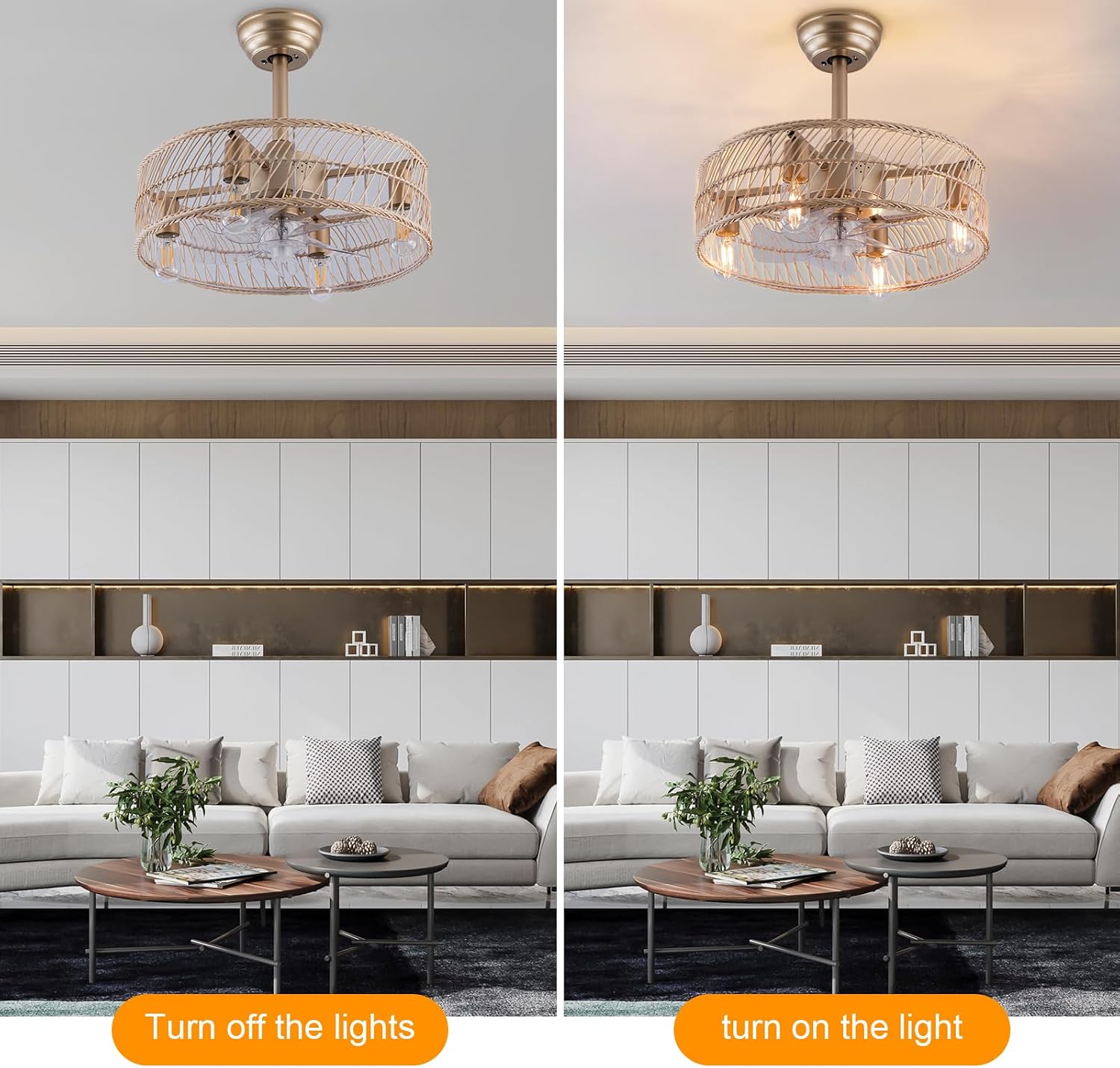OUKANING Bamboo Art Caged Ceiling Fan with Light, Fandelier with Remote Control & Noiseless 35db - Farmhouse Rustic Bladeless Ceiling Fans Chandelier Retro Lighting Fixture