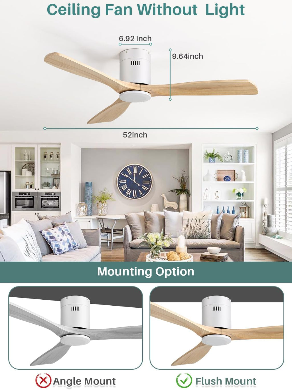 Sofucor 52 Inch Solid Wood Ceiling Fan Without Lights Flush Mount Ceiling Fans with Remote Control-Wood Blades Modern Outdoor Ceiling Fan No Light for Bedroom/Living Room/Patio/Indoor,Natural Wood