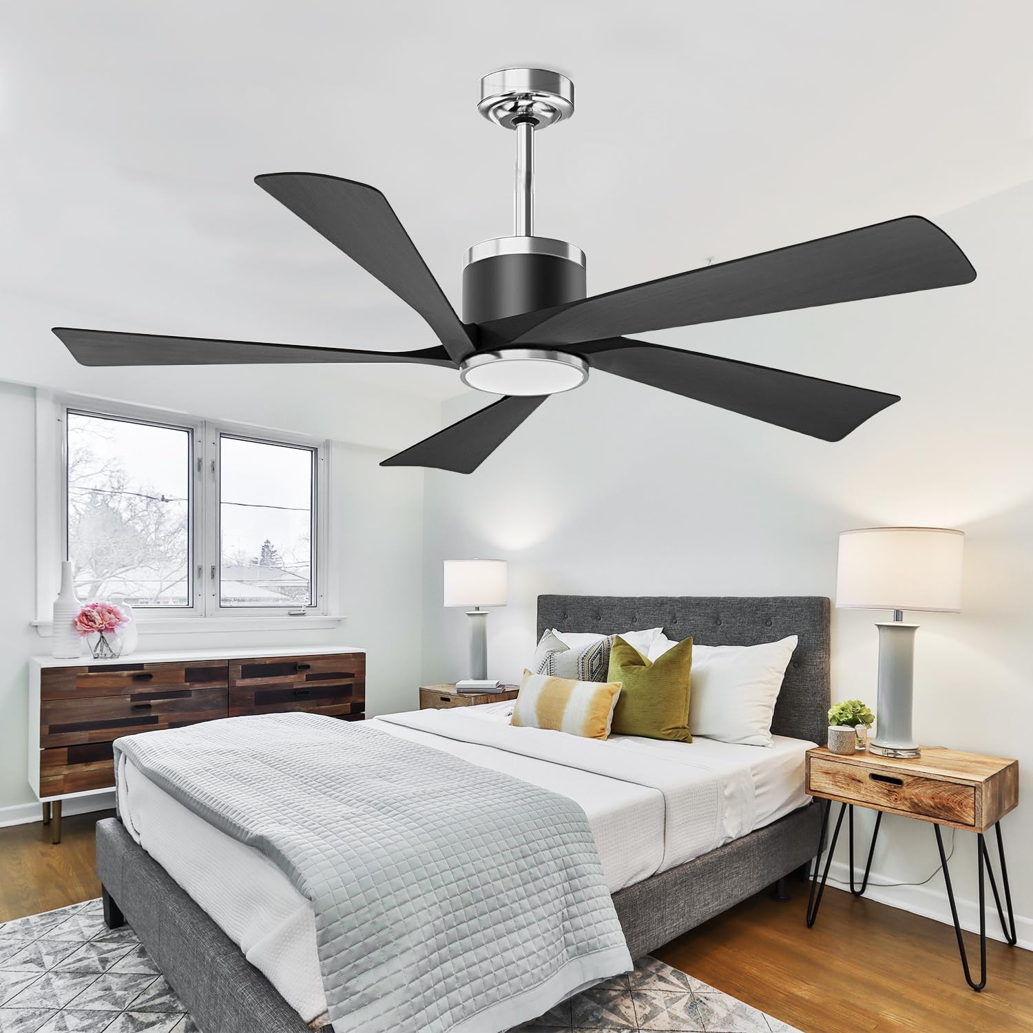 TXCSLY 52'' Ceiling Fans with Lights, Modern Ceiling Fan with Remote Control, Indoor Outdoor Ceiling Fan for Living Room,Bedroom 5 Blade 3 Color Tempearture (Black)
