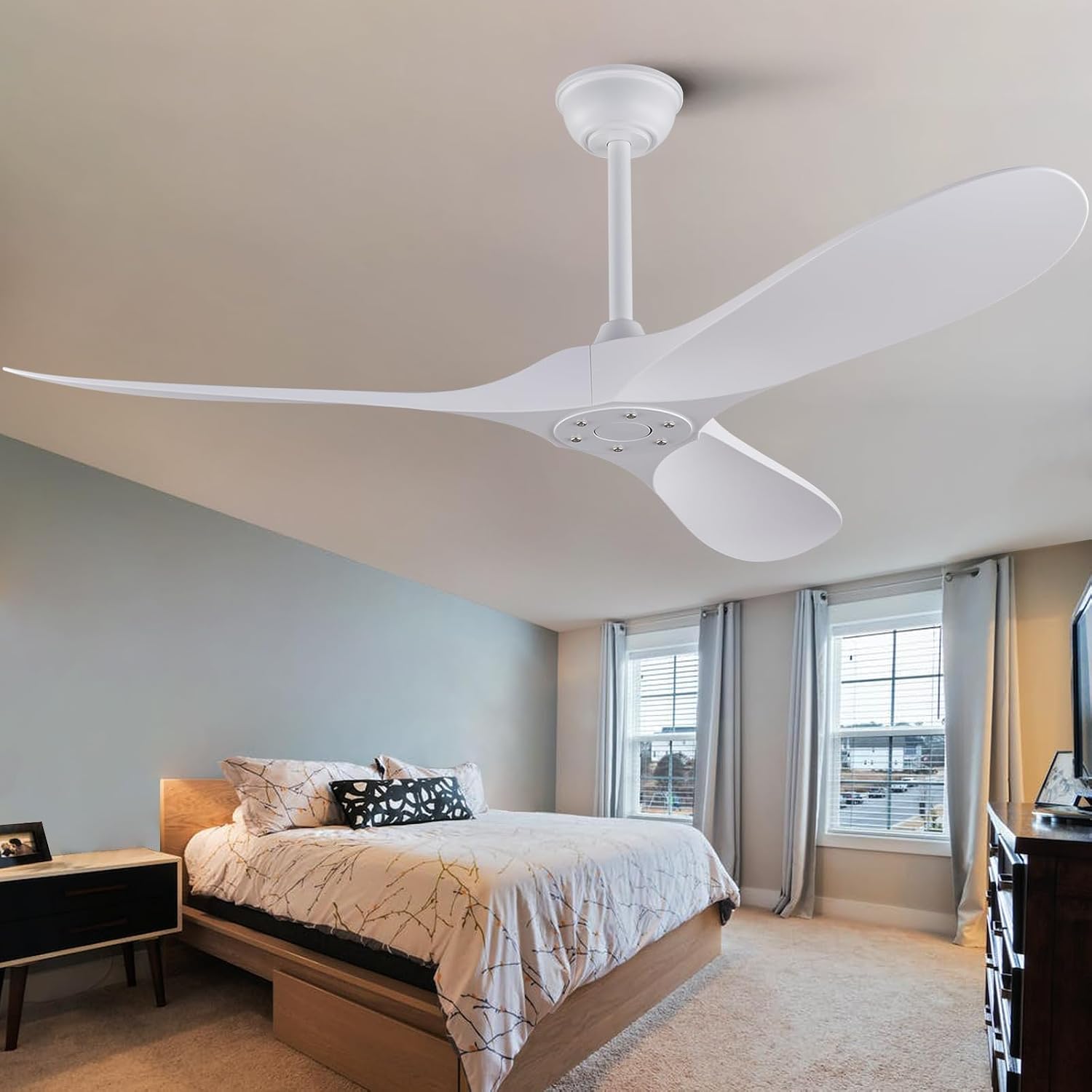 52'' Ceiling Fan without Lights, White Modern 3 Blades Ceiling Fan with Remote Control, 6 Speed Quiet Reversible DC Motor, Indoor Outdoor Ceiling Fan for Bedroom Dining Room Study Patios