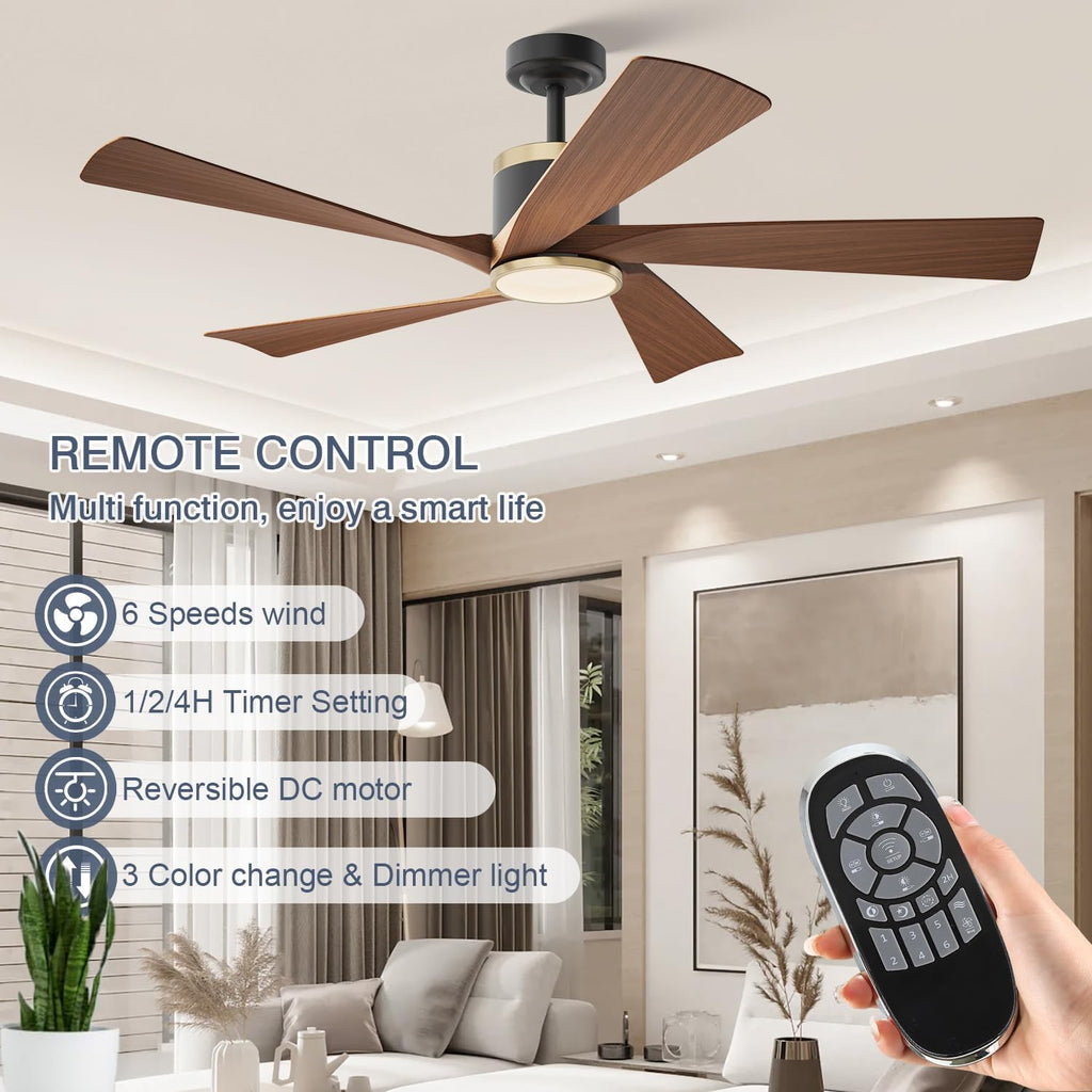 TXCSLY 52'' Ceiling Fans with Lights, Modern Ceiling Fan with Remote Control, Indoor Outdoor Ceiling Fan for Living Room,Bedroom 5 Blade 3 Color Tempearture (Walnut)