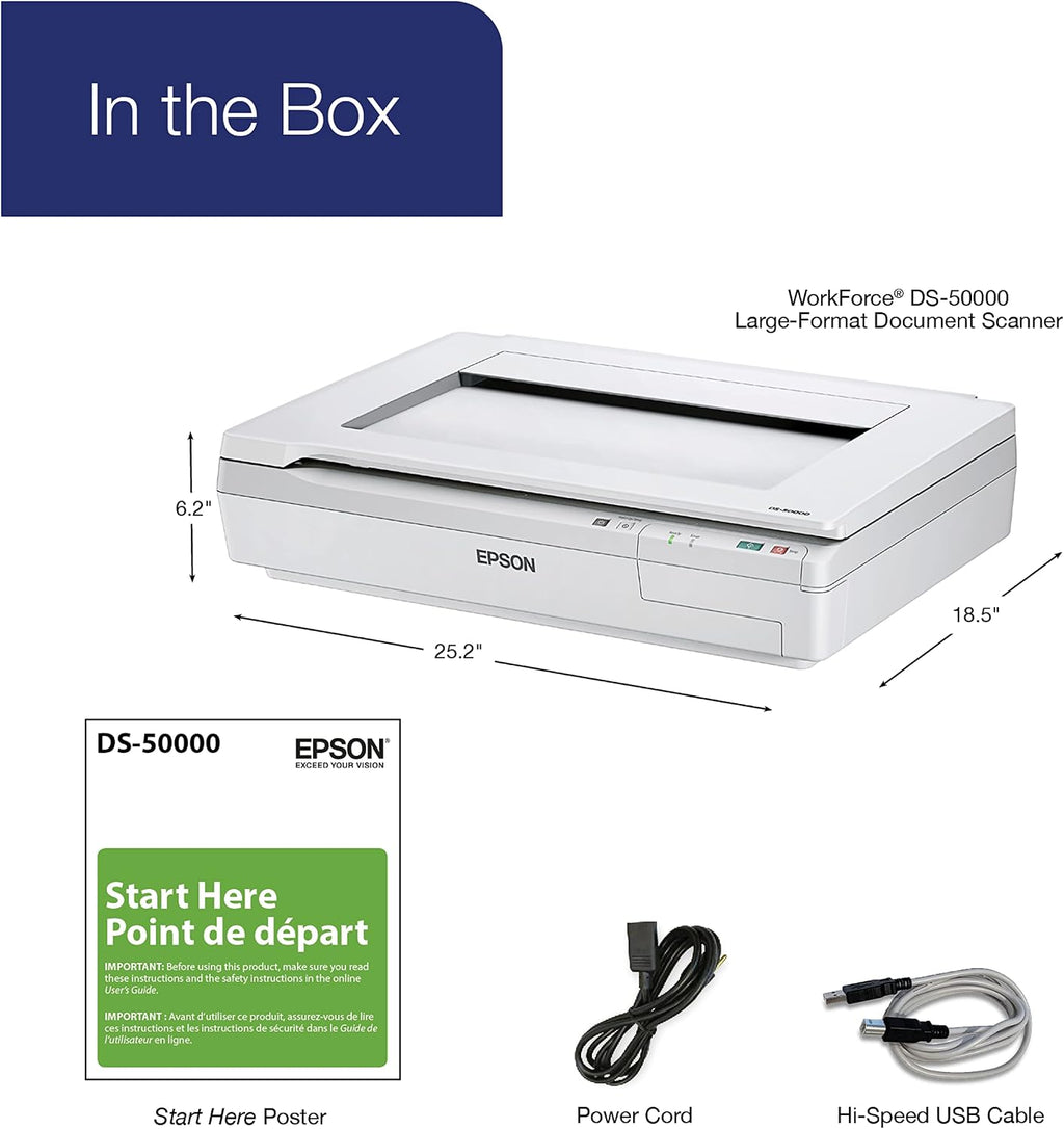 Epson DS-50000 Large-Format Document Scanner: 11.7' x 17' flatbed, TWAIN & ISIS Drivers, 3-Year Warranty with Next Business Day Replacement