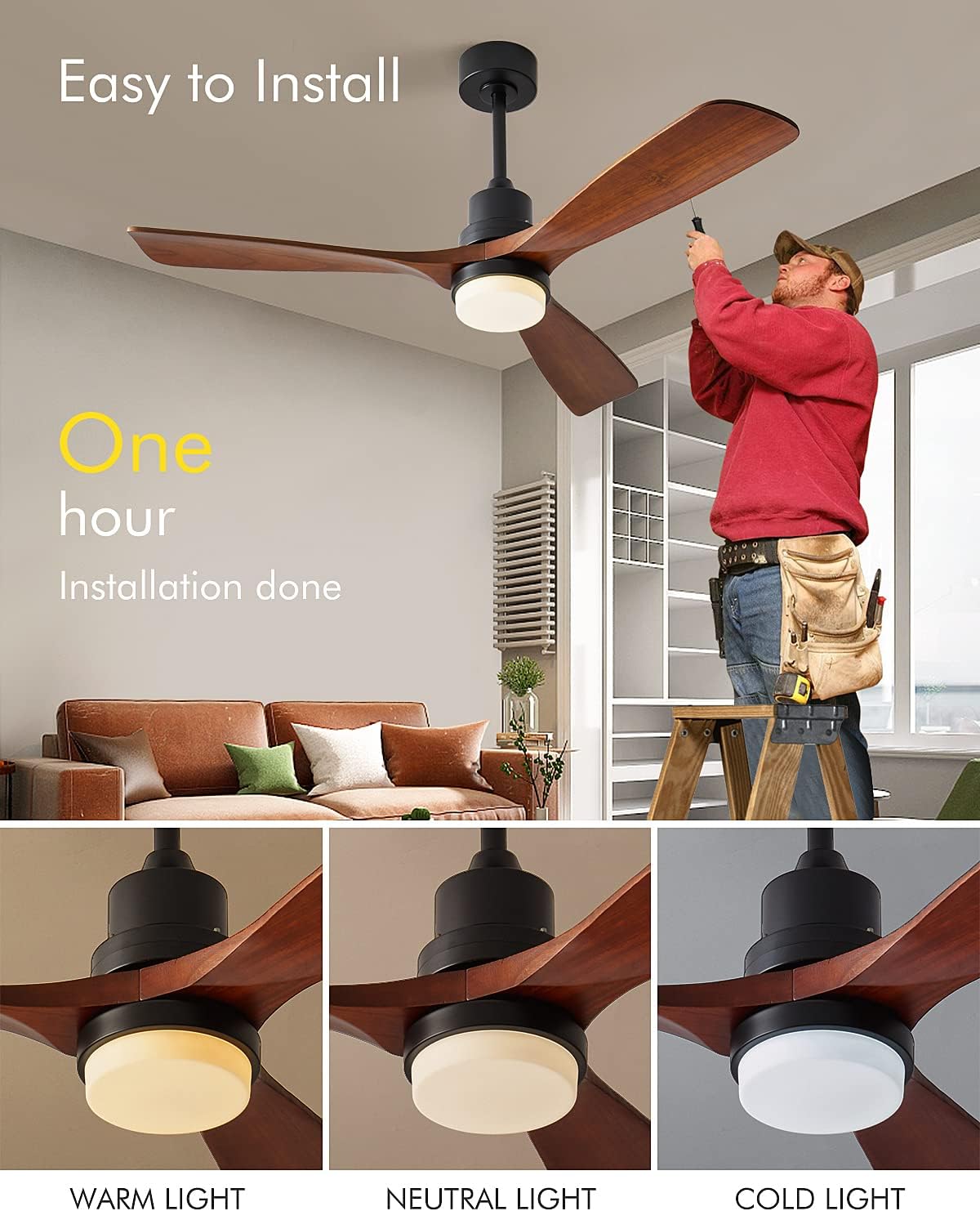 Ceiling Fans with Lights, 60' Wood Ceiling Fan with Remote Control, 3 Walnut Fan Blades Reversible Quiet DC Motor 6 Speeds Timing Farmhouse Ceiling Fan for Bedroom/Living Room/Study/Porch