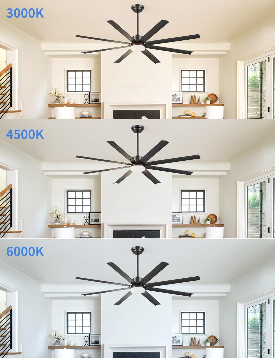 Carrefour 72 Inch Ceiling Fan with Lights, Industrial HVLS Large Ceiling Fans, 8 Aluminum Blades, Quiet DC Motor, APP/Remote/Wall Control, 3 Downrods Included, Damp Rated for Garage Living Room