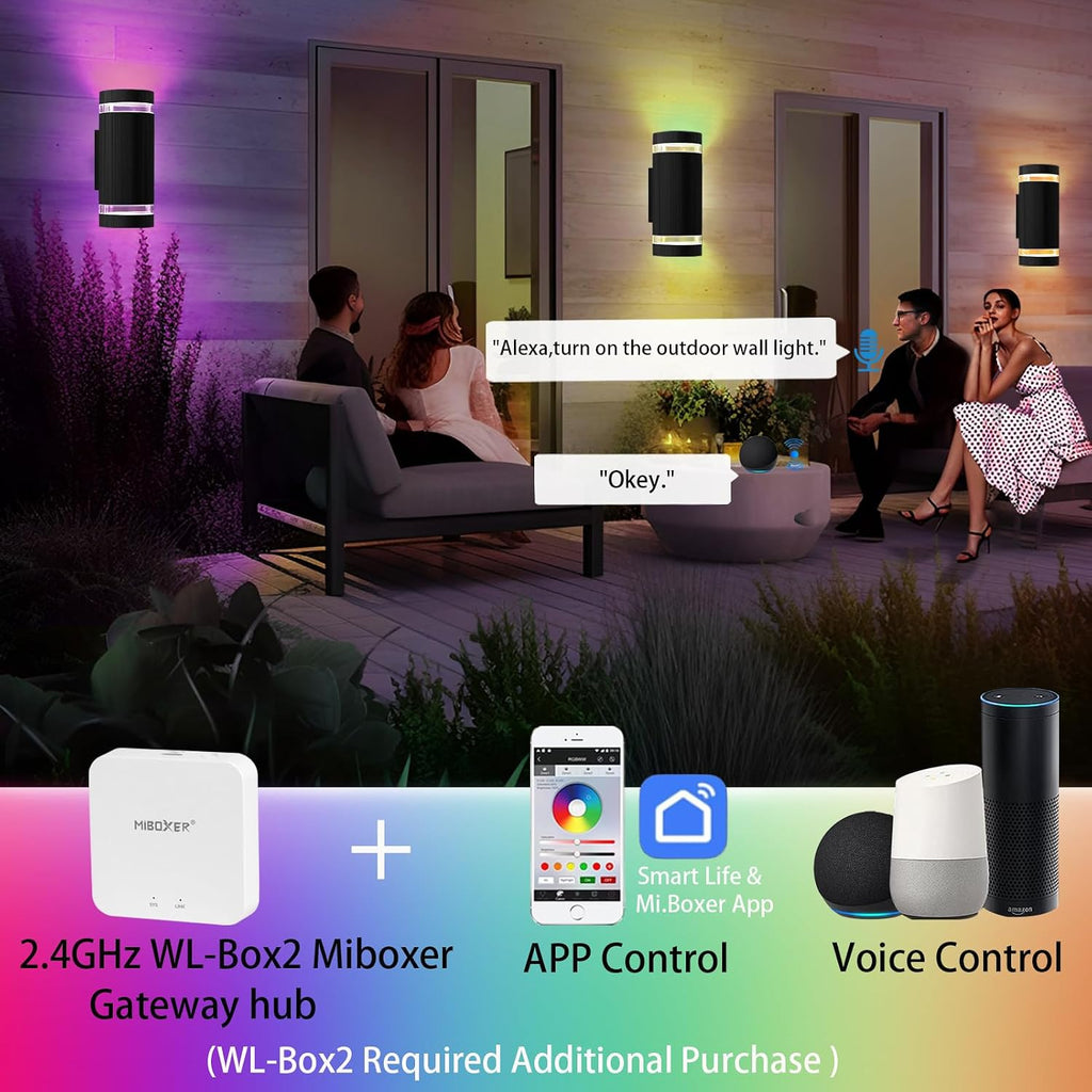 iYogaled RGB Outdoor Wall Lights with RF Remote Control, Color Changing Porch Light, Up and Down Smart Wall Sconces with 2700k- 6500k RGB+CCT and 32 Modes-ETL Listed (2 Pack)