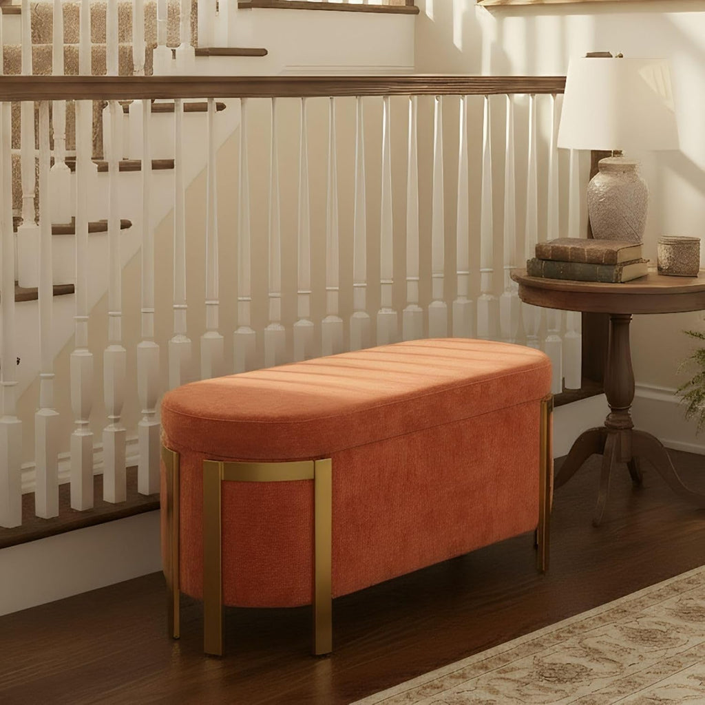 Hyfirm 48' Burnt Orange Storage Ottoman Bench – Oval Upholstered Stool with Gold Legs & Padded Seat, Long Settee for Living Room, Bedroom, End of Bed, Entryway, Hallway