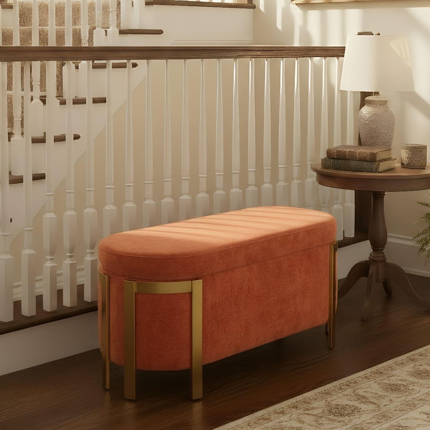 Hyfirm 48' Burnt Orange Storage Ottoman Bench – Oval Upholstered Stool with Gold Legs & Padded Seat, Long Settee for Living Room, Bedroom, End of Bed, Entryway, Hallway