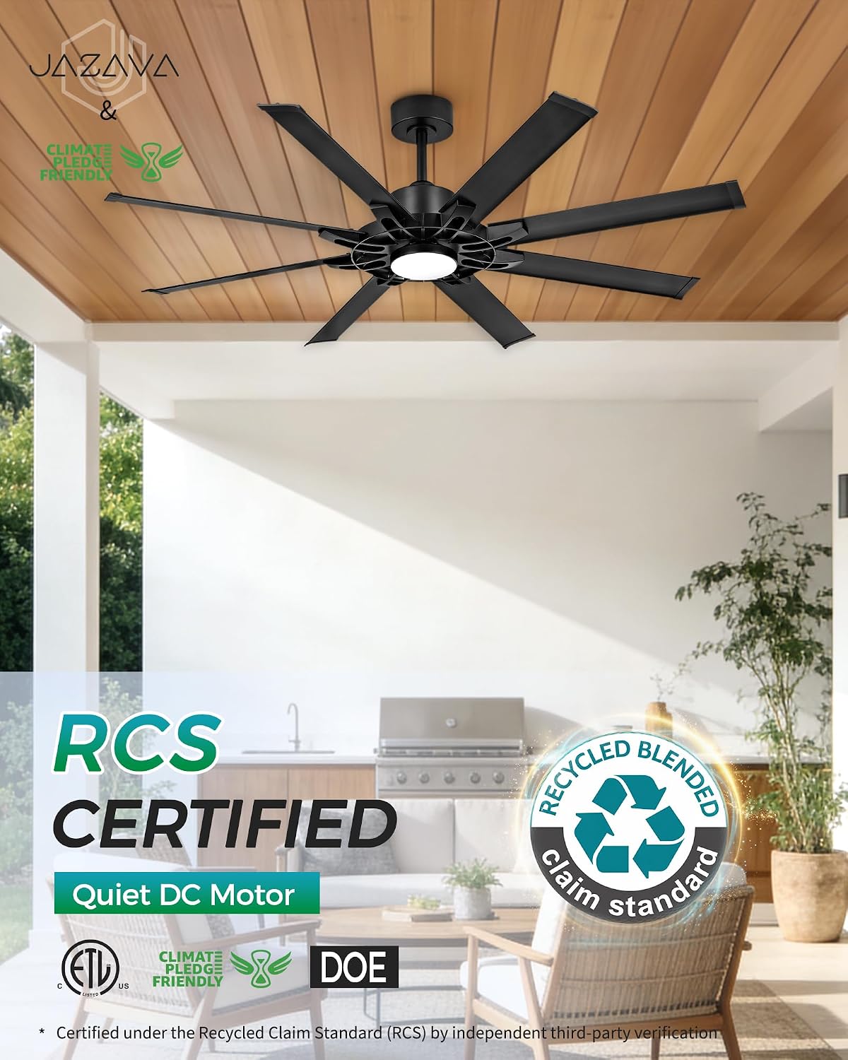 60 Inch Ceiling Fan with Light, Black Indoor Outdoor Ceiling Fan with 8 Aluminium Metal Blades, Smart Fan with Alexa, Modern Quiet Fan for Patio, Garage, Living Room, ZCCF05ABK-60