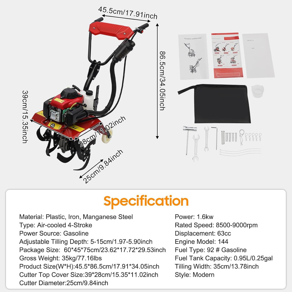 4-Stroke 63CC Gas Powered Tiller Cultivator for Garden Yard 8500-9000rpm Rototiller Tilling Tool Gas Tiller- Ideal for Garden, Lawn, Soil Cultivation, Weed & Digging