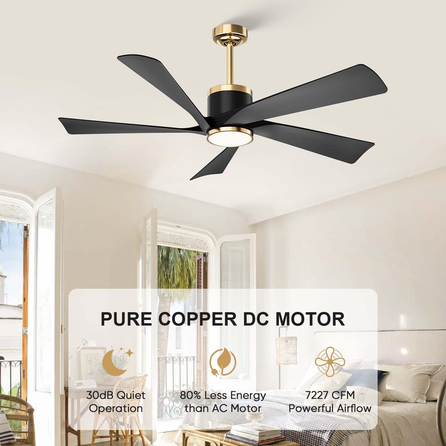 TXCSLY 52'' Ceiling Fans with Lights, Modern Ceiling Fan with Remote Control, Indoor Outdoor Ceiling Fan for Living Room, Bedroom, 5 Blade, 3 Color Temperature, Dimmable (Black & Gold)