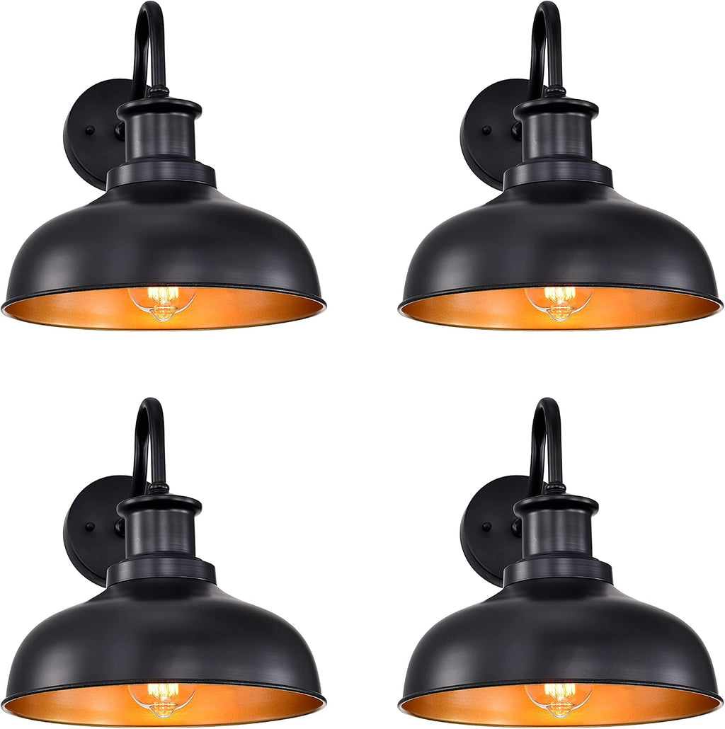 Outdoor Barn Lights, Farmhouse Outdoor Wall Sconces, Rustic Exterior Wall Mount Lights, Vintage Outside Lighting Fixtures, Industrial Black Gold Lanterns for Porch Garage Patio, 4 Pack