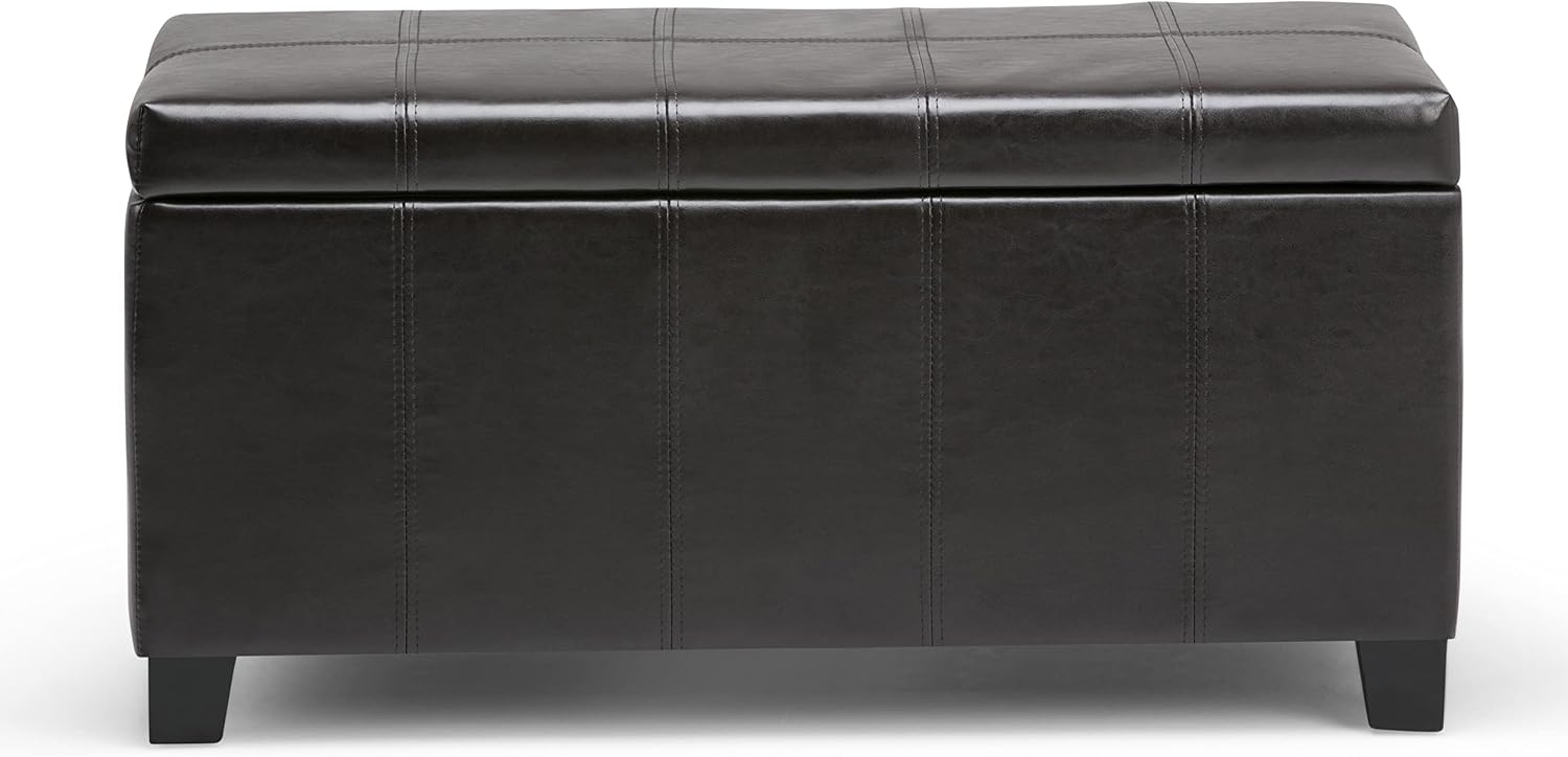 SIMPLIHOME Dover Storage Ottoman Bench - 36 inch Wide Upholstered Vegan Leather Rectangular Lift-Top Ottoman in Tanners Brown, Contemporary Bench for Living Room with Safety Hinges