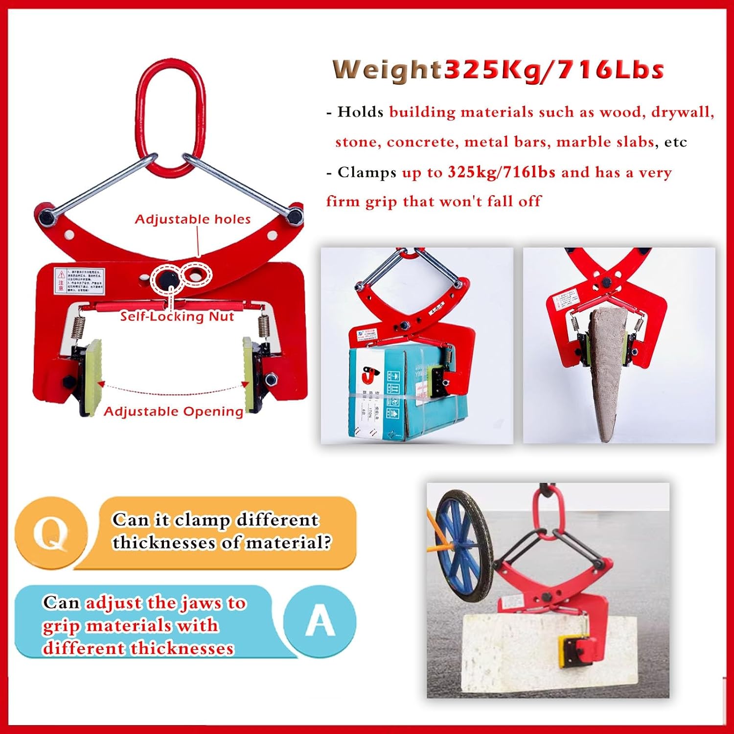 Feeding Mats Stone Carrying Clamps Heavy Duty, 573 617 716 Lbs Rock Clamp Lifter W/Rubber Pad For Marble/Concrete Curbs/Granite Slab, Block Lifting & Transporting Tool(Opening size 4.7-9.4in/12-24C