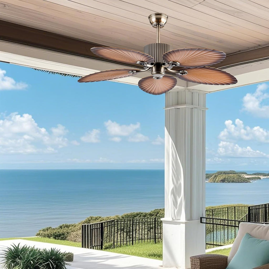 52inch Ceiling Fan Palm Island 5 Palm Leaf Blades No Light Remote Control Timer 6 Speeds Quiet DC Ceiling Fans Tropical Style Ceiling Fans Indoor Outdoor (Bronze+Coffee)