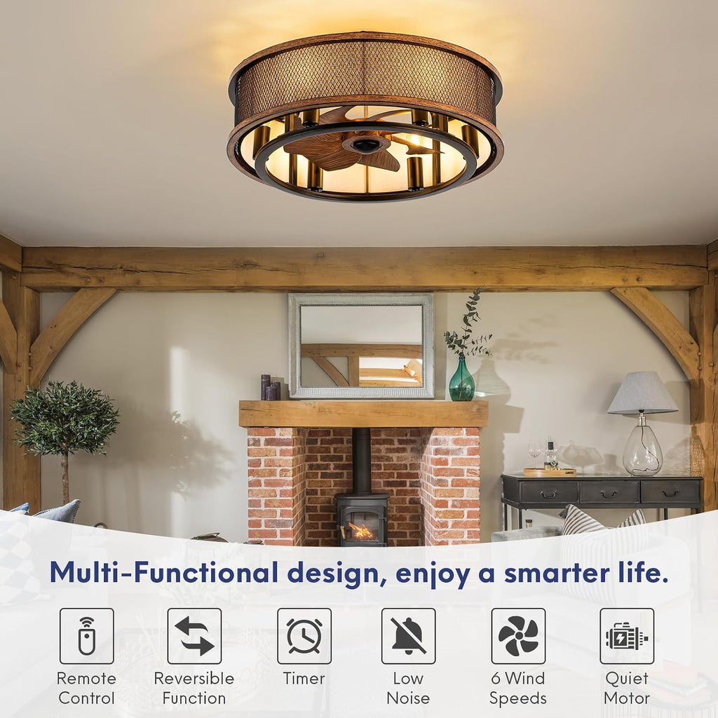 20 Inch Ceiling Fans with Lights, Flush Mount Ceiling Fan with 6 Speeds, Ultra Quiet Modern Fandelier for Bedroom, Living Room, Indoor,Ourdoor Use(Dark Walnut)