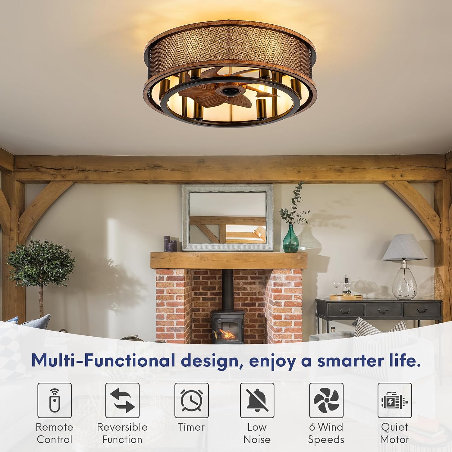 20 Inch Ceiling Fans with Lights, Flush Mount Ceiling Fan with 6 Speeds, Ultra Quiet Modern Fandelier for Bedroom, Living Room, Indoor,Ourdoor Use(Dark Walnut)