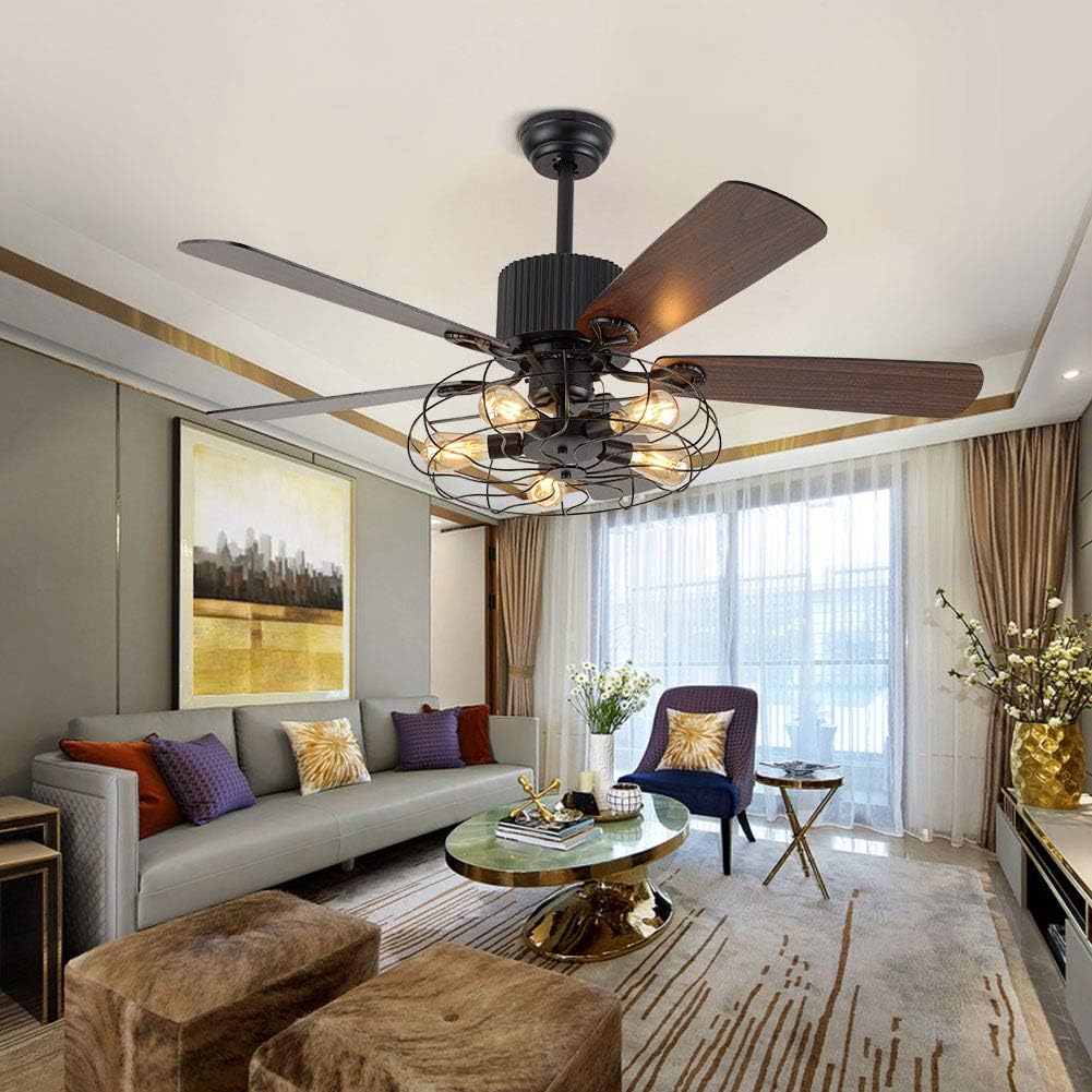 52 Inch Black Ceiling Fan with LED Light and Remote Control,Creative Design Chandelier Fan Light with 5 Wood Reversible Blades Black Metal Lampshades,Quiet Motor