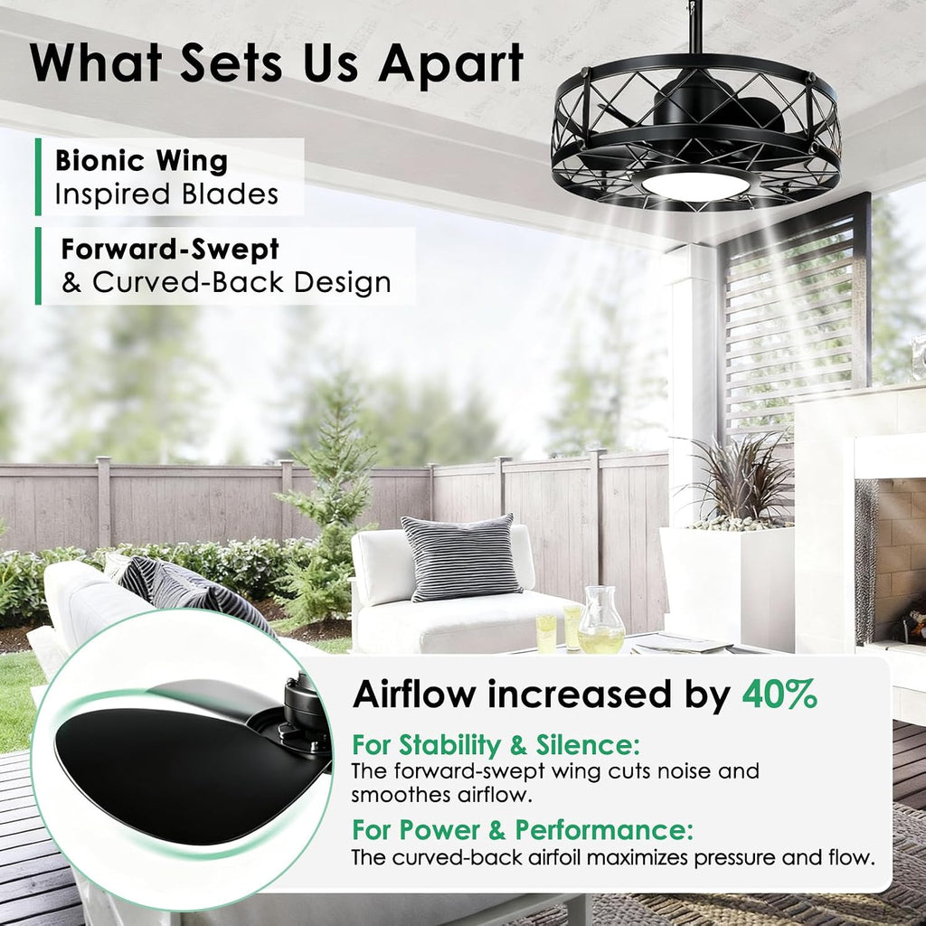 ropelux Outdoor Ceiling Fans with Light,Waterproof Ceiling Fan Light with Remote & APP Control,20 Inch Plug in Caged with Dimmable 3CCT 6-Speeds,Noiseless for Gazebo Patio Porch (Black, 20inch)