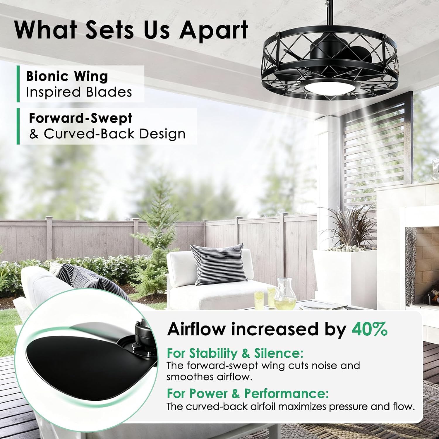 ropelux Outdoor Ceiling Fans with Light,Waterproof Ceiling Fan Light with Remote & APP Control,20 Inch Plug in Caged with Dimmable 3CCT 6-Speeds,Noiseless for Gazebo Patio Porch (Black, 20inch)