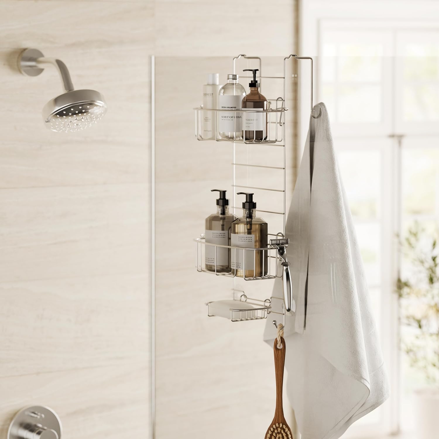 Zenna Home Shower Caddy Hanging Over the Shower Door Organizer, Stainless Steel Rack with 2 Shelves and Built in Hooks, Bathroom Organizer Shelf for Inside Shower, Stainless Steel