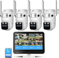 yeewise Triple Lens Wireless Security Camera System with 12' Monitor, 180° Wide View + 360° PTZ AI Tracking, WiFi 6, 16CH NVR, 24/7 Recording, 500GB HDD, No Monthly Fee, Plug-in Power