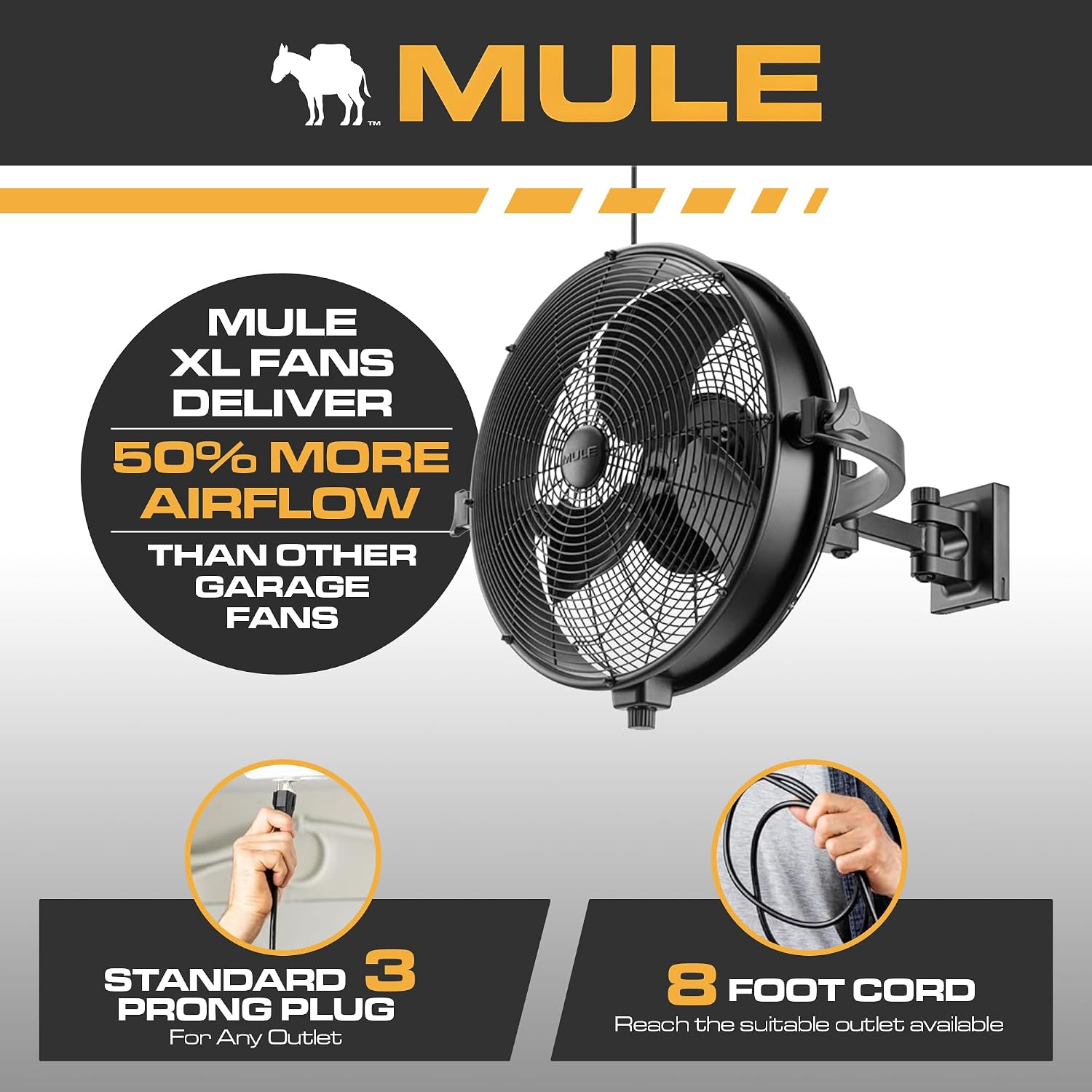 MULE 18 Inch Wet-Rated Outdoor Wall Fan XL, Plug-In Mount with 8-Foot Cord, Adjustable Omni-Reach Arm and 3-Speed Quiet Motor, Matte Black