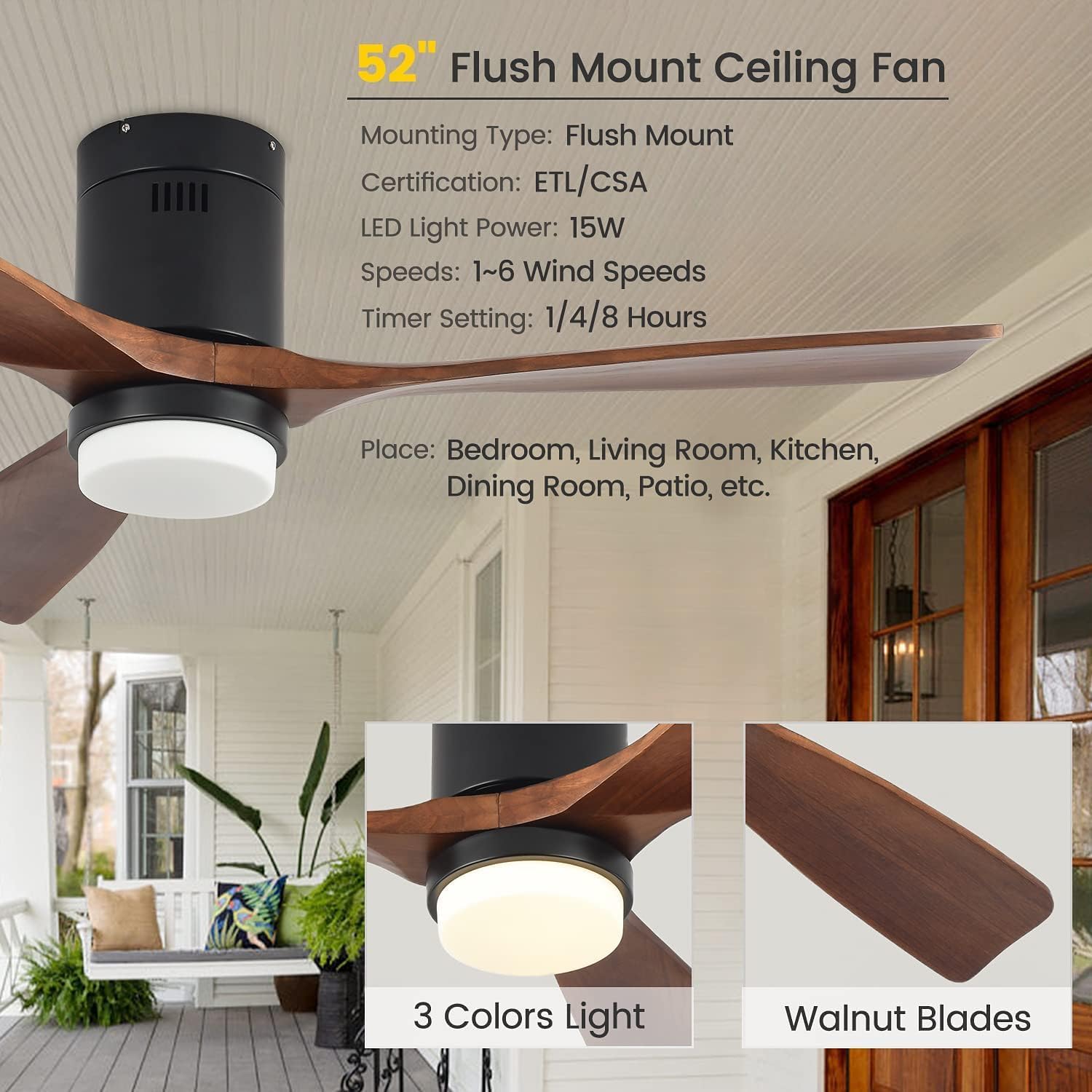 Ceiling Fans with Lights, 52' Wood Ceiling Fan with Remote Control, 3 Walnut Fan Blades Reversible Quiet DC Motor 6 Speeds Timing Farmhouse Ceiling Fan for Bedroom/Living Room/Study/Porch