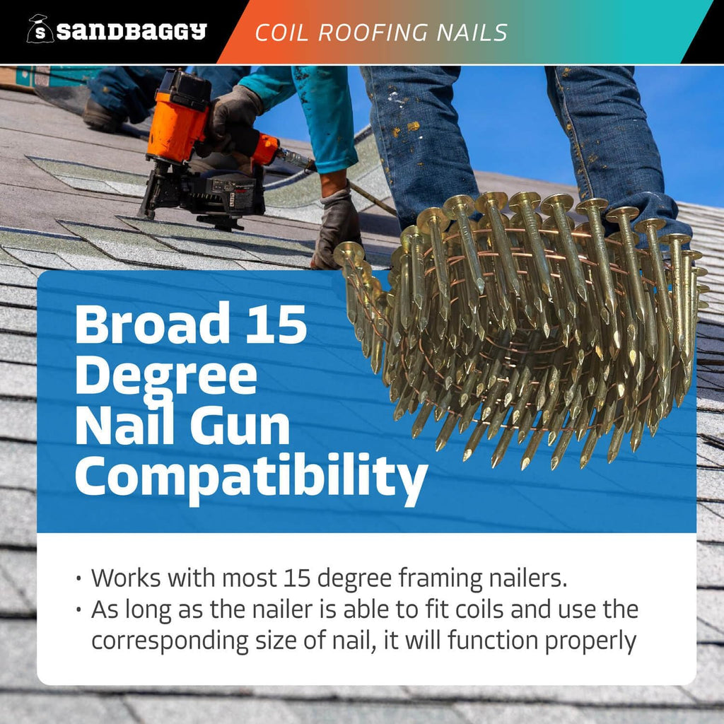 Sandbaggy 1-1/4' Coil Roofing Nails For Shingles - 15 Degree - Galvanized - Wire Collated, 11 Gauge - 120 Nails Per Coil (100)