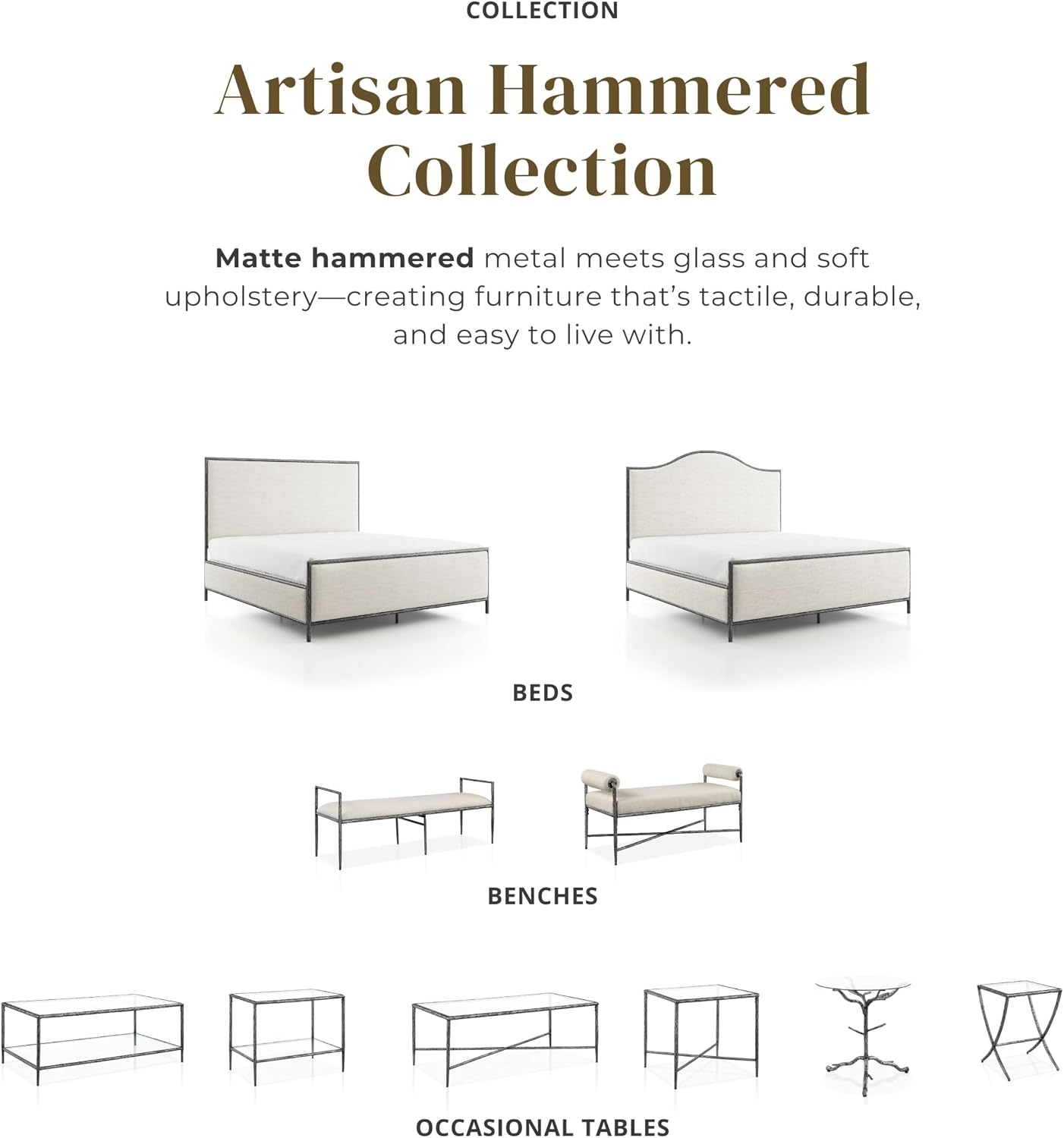 24/7 Shop at Home Lalia Hammered Metal 2-Piece Bedroom Collection, Upholstered Bed Frame with Beige Fabric Headboard, Forged Steel and 1-Shelf Nightstand, Foundation Required, Queen, Matte Grey