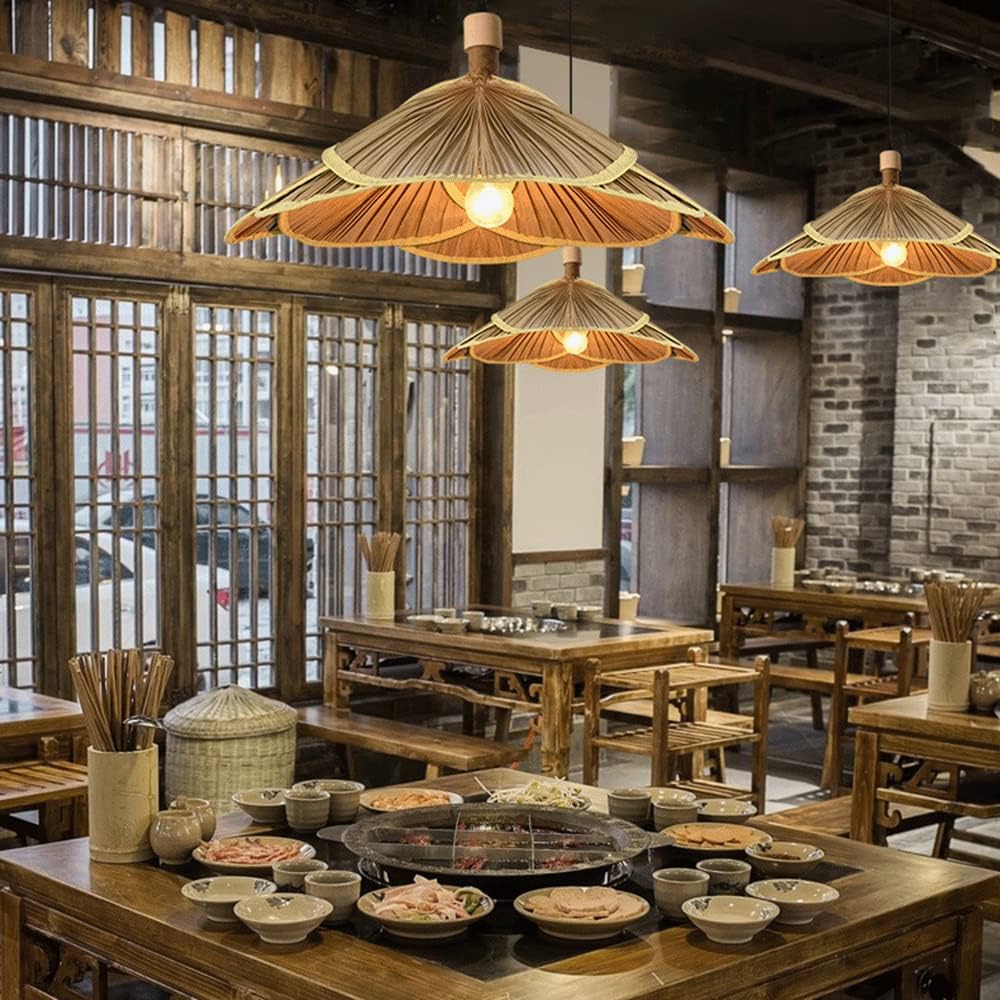 1-Light Hanging Lamp Rattan Hand-Woven Pendant Light Bamboo Fan Retro Chaner Home Decor Pastoral Style Ceiling Lighting Fixture for Dining Room,Living Room Bar +Wood