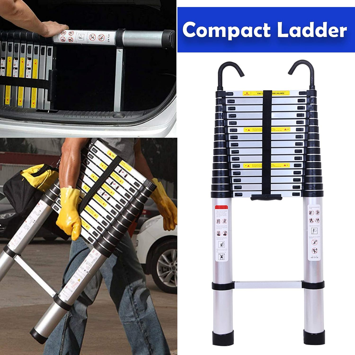 Telescoping Ladder Aluminum 20.3FT 6.2m Extension Ladder with Detachable Hooks, EN131 Standard 330lbs Load Capacity, Adjustable Height Portable Home Step Ladder Weights 36lbs