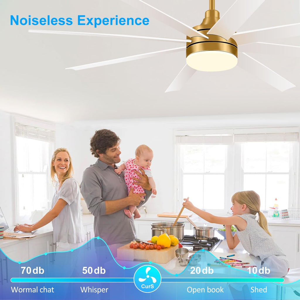 65 Inch Ceiling Fan with Lights and Remote, 8 ABS Blades, Quiet Reversible DC Motor, 6-Speed, Timer Function, 3 Color Led Light Chandelier, Industrial Ceiling Fans for Bedroom Office (Gold & White)