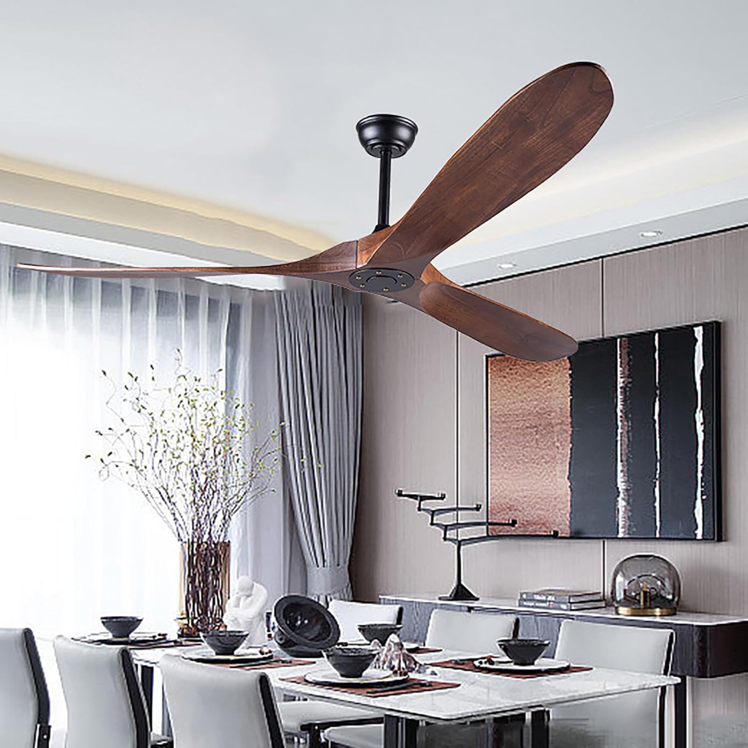 Ceiling Fan with Remote, Log Home Fan Retro Lamp Lighting, Modern Outdoor Matte Black Ceiling Fans for Patios, No Light Included