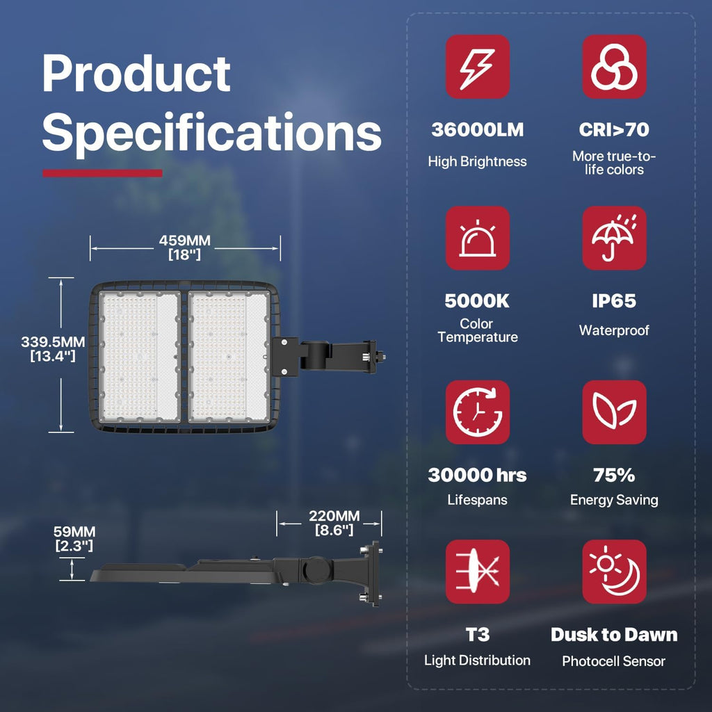 Kifflux LED Parking Lot Light Outdoor 300W 2Pack, AC120V Shoebox Lights 5000K Dusk to Dawn LED Outdoor Light Wall Mount Exterior Flood Light Commercial Area Lighting for Parking Lot