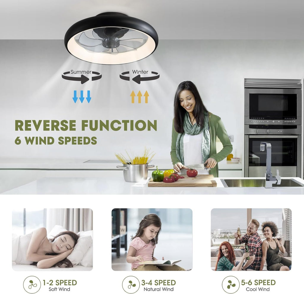 LUDOMIDE Ceiling Fans with Lights 20'' Flush Mount Fan Remote & APP Control Black Low Profile 6 Wind Speeds Smart Dimmable LED for Bedroom Living Room (Y1095-BK-ELE)