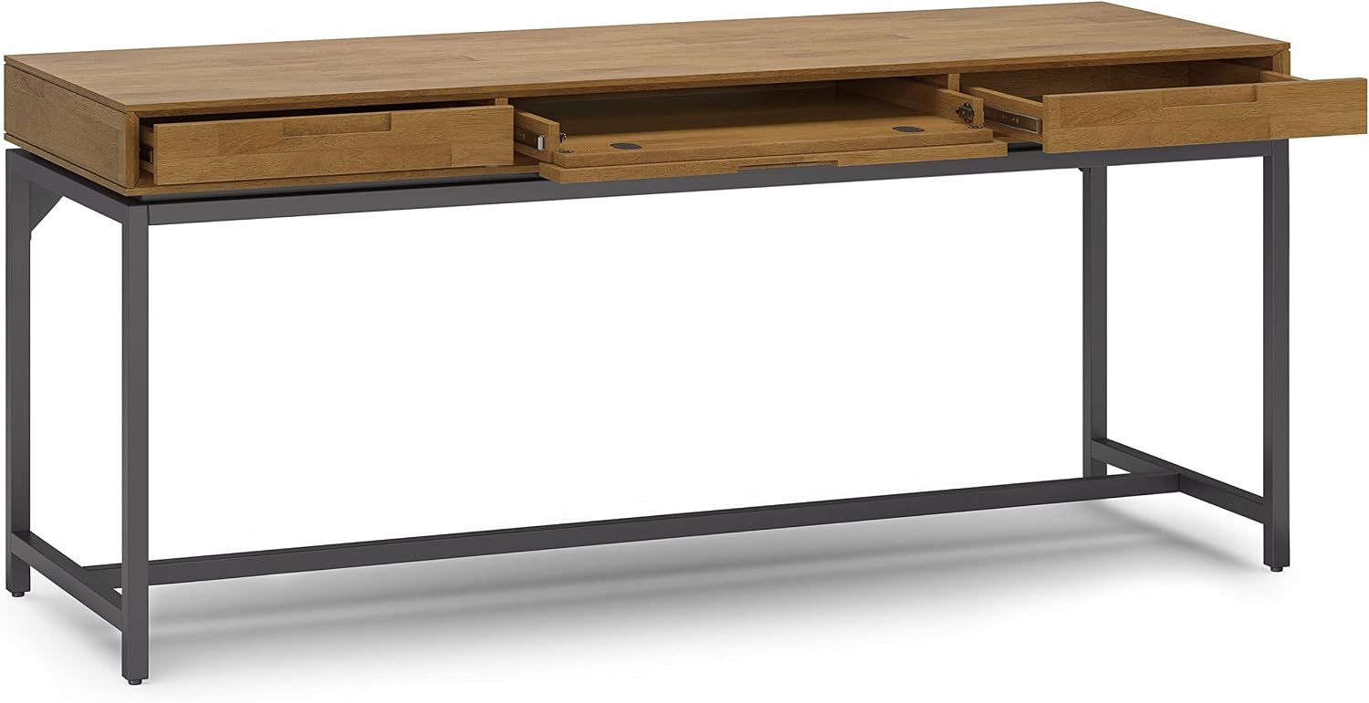 SIMPLIHOME Banting Desk - 72 Inch Wide Solid Wood and Metal Writing Desk in Medium Saddle Brown, Modern Industrial Home Office Computer Table for Study with 2 Drawers and Flip-Down Keyboard Tray