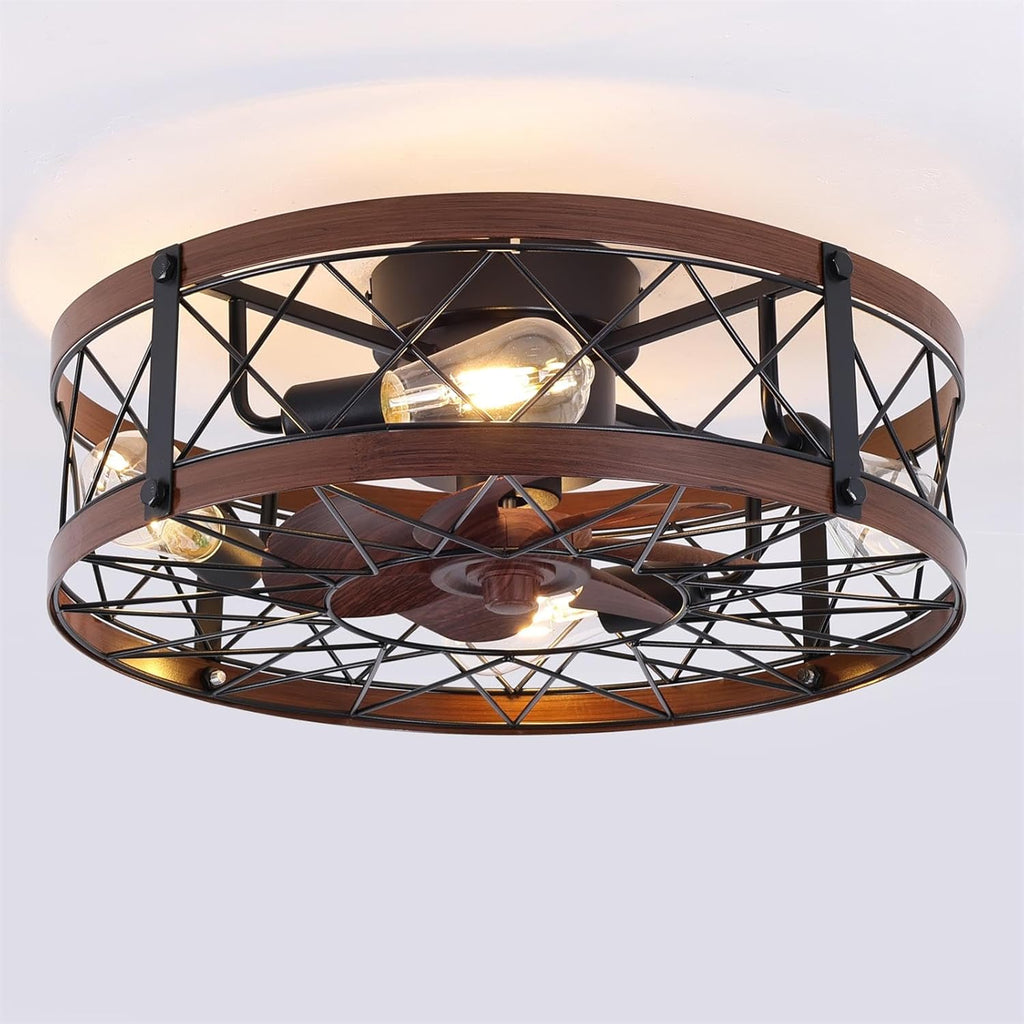 24' Farmhouse Flush Mount Caged Ceiling Fans with Lights, Rustic Low Profile Ceiling Fan with Light and Remote, Quiet Reversible DC Motor Bladeless Enclosed Ceiling Fan for Bedroom Dining Room Kitchen
